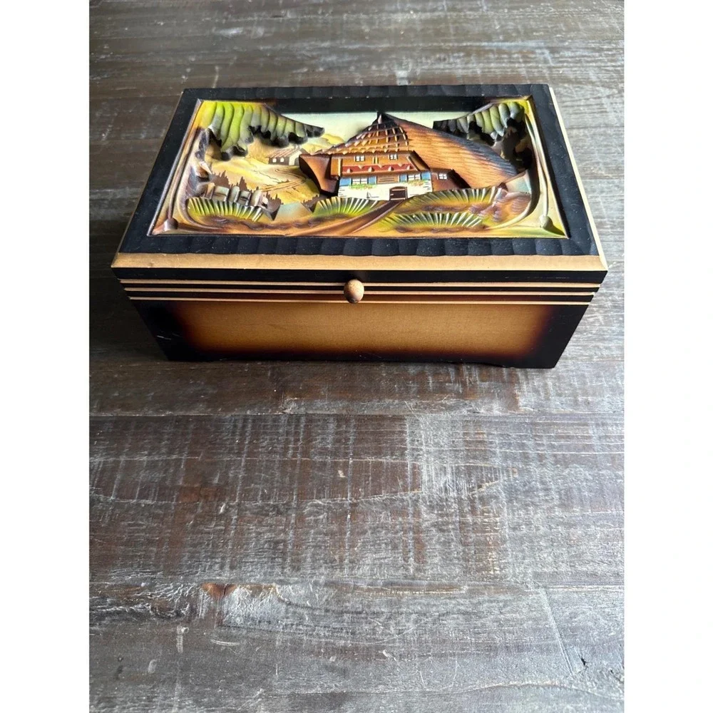 Vintage Black Forest Musical Jewelry Box Swiss‎ Chalet Wood Carving Restoration